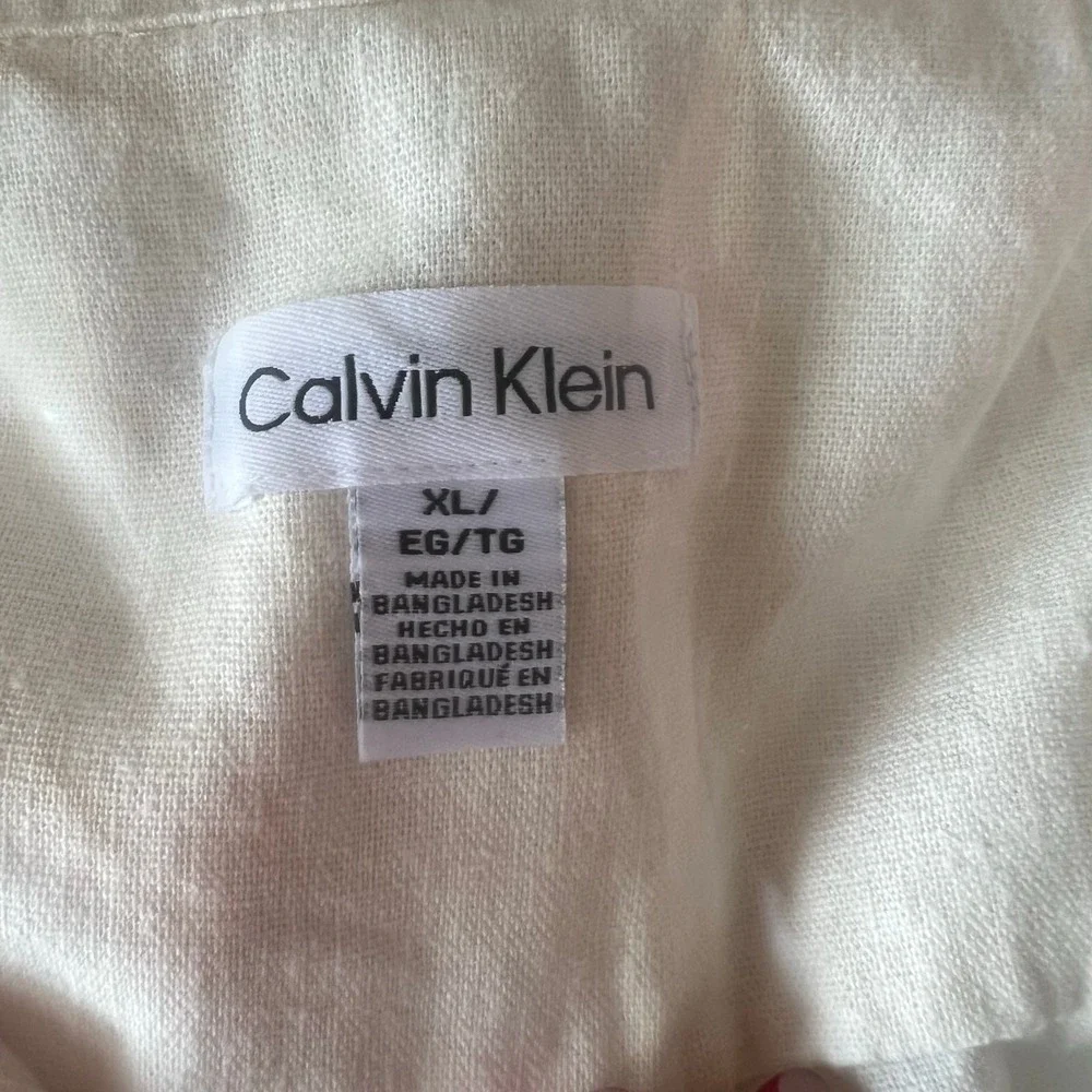 Calvin Klein Womens XL Cream Linen Blend‎ Short Sleeve Utility Henley Blouse Top